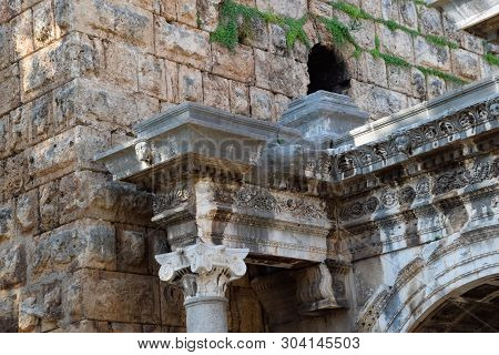 Hadrians Gate, Antalya Landmark. Ancient Construction Of The Gate Of Hadrian