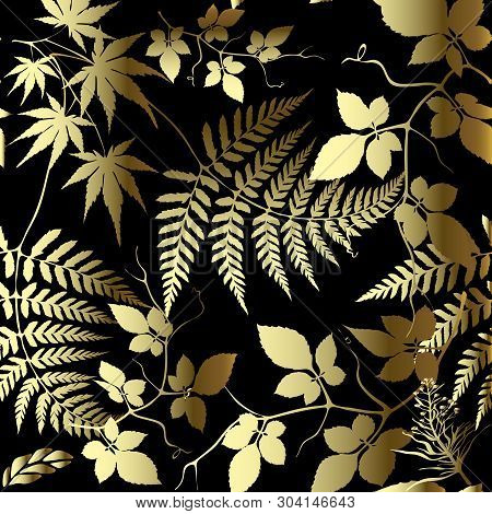 Fern Leaves Floral Gold Vector Seamless Pattern. Ornate Leafy Background. Ornamental Repeat Backdrop
