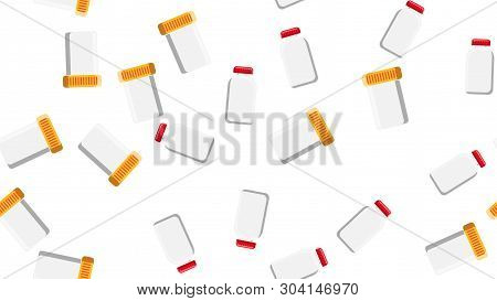 Seamless Pattern Texture Of White Plastic Medical Pharmacetic Jars With Lids Of Drugs, Drugs On A Wh