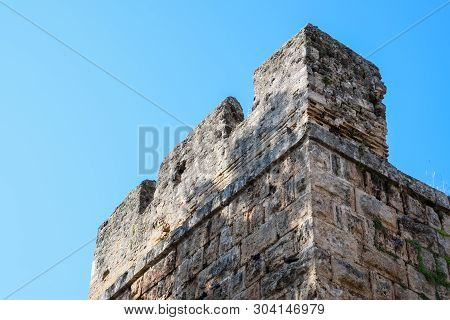 The Wall Near The Gate Of Hadrian, The Texture Of The Stone Walls Of Ancient Stone Blocks. Hadrians 