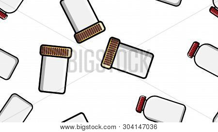 Seamless Pattern Texture Of White Plastic Medical Pharmacetic Jars With Lids Of Drugs, Drugs On A Wh