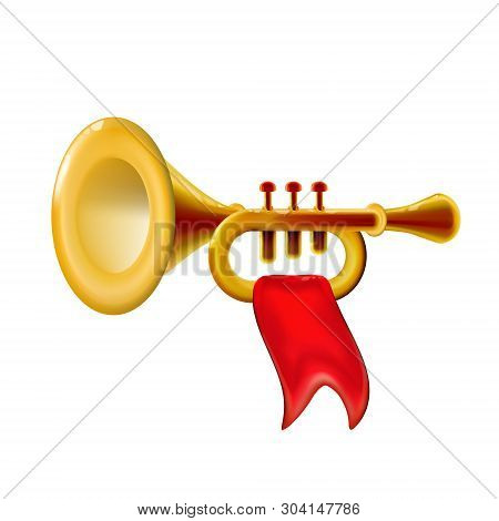 Realistic 3d Fanfare Gold Trumpet, Icon With Red Flag Isolated Glossy Wind Musical Instrument Sign, 