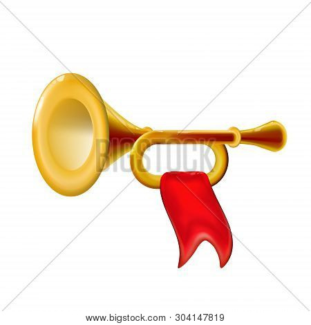 Realistic 3d Fanfare Gold Trumpet, Icon With Red Flag Isolated Glossy Wind Musical Instrument Sign, 