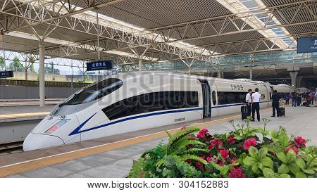 Chengdu, China - April 2019: High Speed Train At Chengdu Station In China