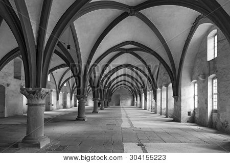 Eberbach, Germany-may 29, 2019: Dormitorium In The Eberbach Monastery Near Eltville Germany In Black
