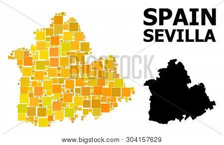Gold Square Pattern And Solid Map Of Sevilla Province. Vector Geographic Map Of Sevilla Province In 