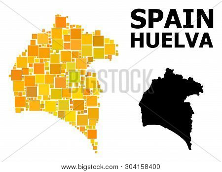 Gold Square Mosaic And Solid Map Of Huelva Province. Vector Geographic Map Of Huelva Province In Yel