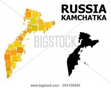 Gold Square Mosaic And Solid Map Of Kamchatka Peninsula. Vector Geographic Map Of Kamchatka Peninsul