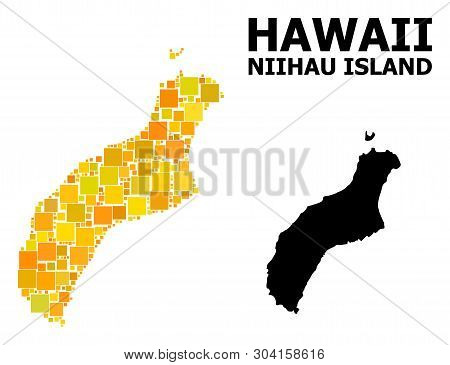 Gold Square Mosaic And Solid Map Of Niihau Island. Vector Geographic Map Of Niihau Island In Yellow 