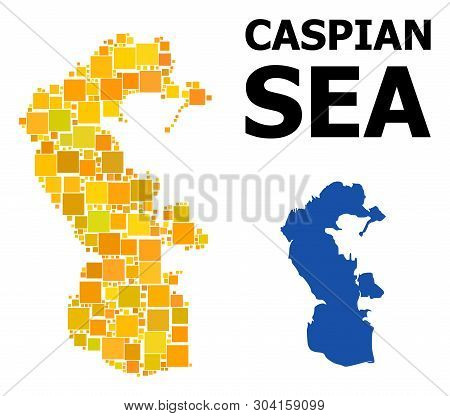 Gold Square Mosaic And Solid Map Of Caspian Sea. Vector Geographic Map Of Caspian Sea In Yellow Gold