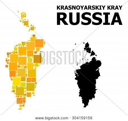 Gold Square Mosaic And Solid Map Of Krasnoyarskiy Kray. Vector Geographic Map Of Krasnoyarskiy Kray 