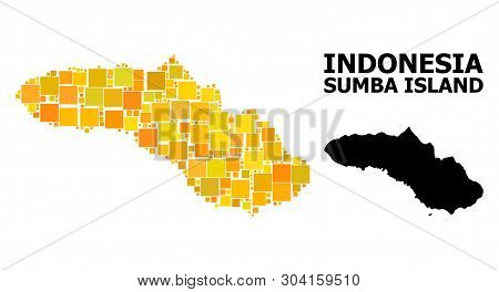 Gold Square Pattern And Solid Map Of Sumba Island. Vector Geographic Map Of Sumba Island In Yellow G