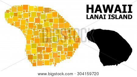 Gold Square Mosaic And Solid Map Of Lanai Island. Vector Geographic Map Of Lanai Island In Yellow Go