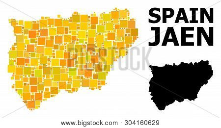 Gold Square Mosaic And Solid Map Of Jaen Spanish Province. Vector Geographic Map Of Jaen Spanish Pro