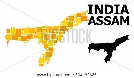 Gold Square Mosaic And Solid Map Of Assam State. Vector Geographic Map Of Assam State In Yellow Gold