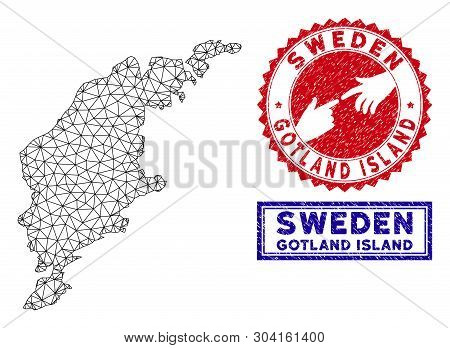 Wire Frame Polygonal Gotland Island Map And Grunge Seal Stamps. Abstract Lines And Circle Dots Form 