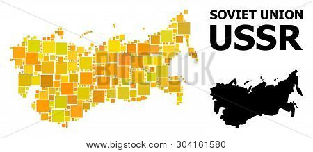 Gold Square Mosaic And Solid Map Of Ussr. Vector Geographic Map Of Ussr In Yellow Golden Color Tints