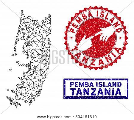 Wire Frame Polygonal Pemba Island Map And Grunge Seal Stamps. Abstract Lines And Dots Form Pemba Isl