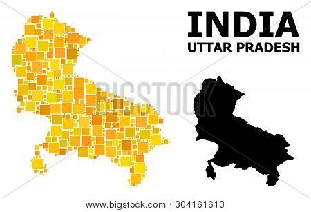 Gold Square Mosaic And Solid Map Of Uttar Pradesh State. Vector Geographic Map Of Uttar Pradesh Stat