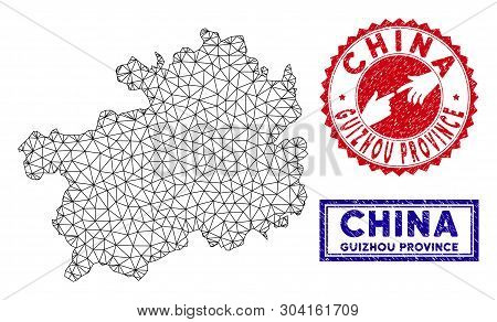Wire Frame Polygonal Guizhou Province Map And Grunge Seal Stamps. Abstract Lines And Spheric Points 