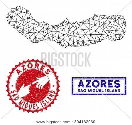 Wire Frame Polygonal Sao Miguel Island Map And Grunge Seal Stamps. Abstract Lines And Spheric Points