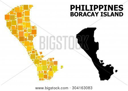 Gold Square Mosaic And Solid Map Of Boracay Island. Vector Geographic Map Of Boracay Island In Yello