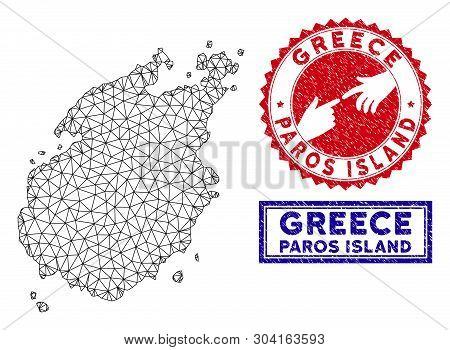 Wire Frame Polygonal Paros Island Map And Grunge Seal Stamps. Abstract Lines And Points Form Paros I