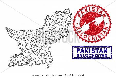 Wire Frame Polygonal Balochistan Province Map And Grunge Seal Stamps. Abstract Lines And Points Form