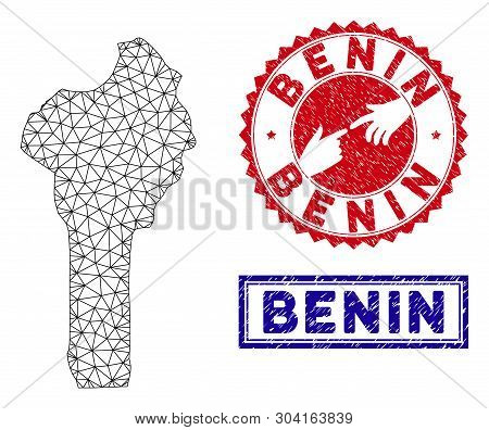 Wire Frame Polygonal Benin Map And Grunge Seal Stamps. Abstract Lines And Dots Form Benin Map Vector
