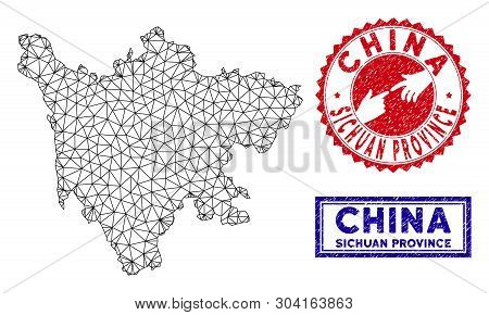 Carcass Polygonal Sichuan Province Map And Grunge Seal Stamps. Abstract Lines And Spheric Points For