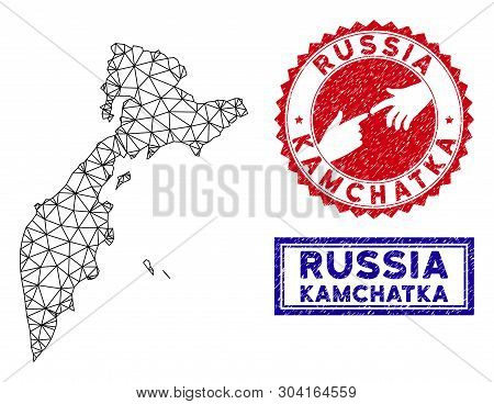 Wire Frame Polygonal Kamchatka Map And Grunge Seal Stamps. Abstract Lines And Circle Dots Form Kamch