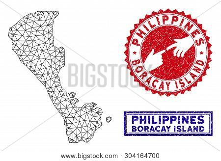 Wire Frame Polygonal Boracay Island Map And Grunge Seal Stamps. Abstract Lines And Dots Form Boracay