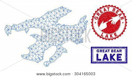 Mesh Polygonal Great Bear Lake Map And Grunge Seal Stamps. Abstract Lines And Circle Dots Form Great