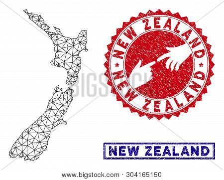 Network Polygonal New Zealand Map And Grunge Seal Stamps. Abstract Lines And Spheric Points Form New