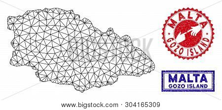 Mesh Polygonal Gozo Island Map And Grunge Seal Stamps. Abstract Lines And Points Form Gozo Island Ma