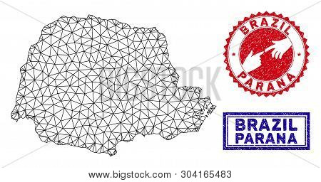 Wire Frame Polygonal Parana State Map And Grunge Seal Stamps. Abstract Lines And Spheric Points Form