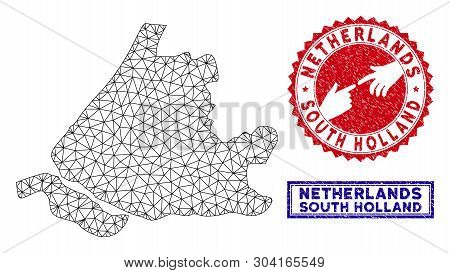 Wire Frame Polygonal South Holland Map And Grunge Seal Stamps. Abstract Lines And Spheric Points For