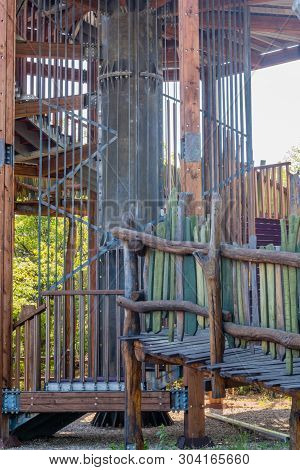 Center Column Of Wooden Observation Tower On Top Of Mountain.