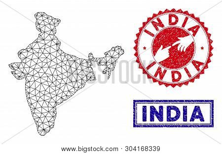 Wire Frame Polygonal India Map And Grunge Seal Stamps. Abstract Lines And Dots Form India Map Vector
