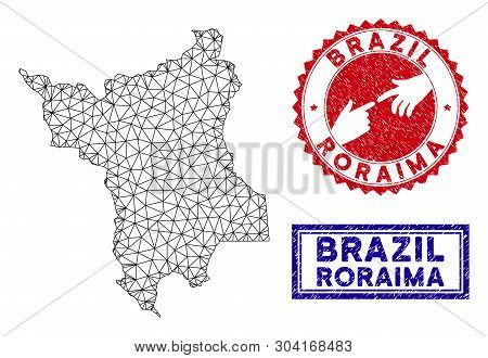 Wire Frame Polygonal Roraima State Map And Grunge Seal Stamps. Abstract Lines And Circle Dots Form R