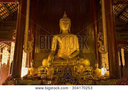 Chiang Mai, Thailand - December 19, 2018: Sculpture Of A Sitting Buddha Close-up. Vihan Of The Ancie
