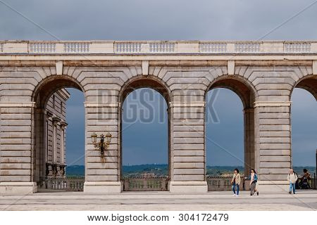 Madrid, Spain. June 1, 2017 : Neo-classical Style Of Arches At The Square Of Plaza De La Armeria In 