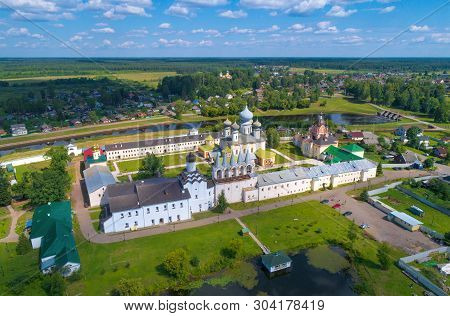 The Old Tikhvin Bogorodichny Uspensky Monastery In A Summer Landscape (aerial Photography). Tikhvin,