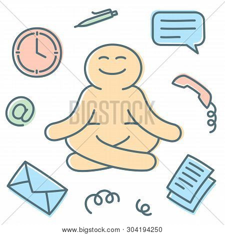 Businessman Keeps Calm And Meditation During Multitasking On Work Place (vector Illustration)