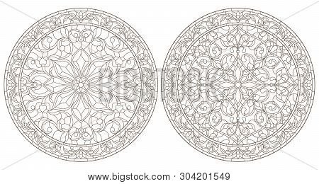 Set Contour Illustrations Of Stained Glass, Round Stained Glass Floral, Dark Outline On A White Back