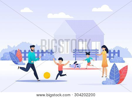 Happy Family Spending Time On Backyard Cartoon. Father And Son Paying Ball. Mother Controlling Littl