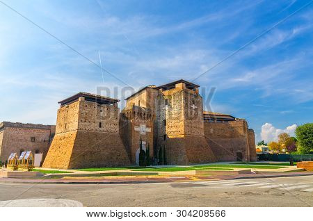 Castel Sismondo Brick Castle With Tower On Piazza Malatesta Square In Old Historical Touristic City 