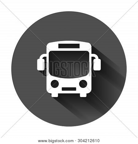 School Bus Icon In Flat Style. Autobus Vector Illustration On Black Round Background With Long Shado