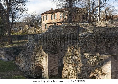 Hisarya, Bulgaria - December 26, 2018: Sunset View Of Ruins Of Fortifications In Ancient Roman City 