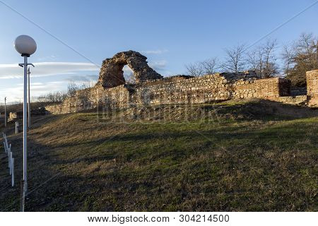 Hisarya, Bulgaria - December 26, 2018: Sunset View Of Ruins Of Fortifications In Ancient Roman City 